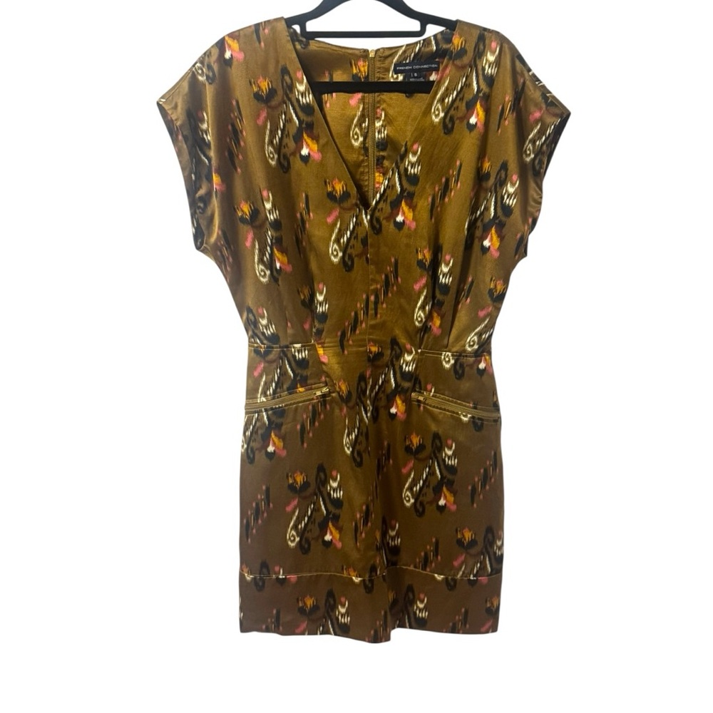 French Connection Silk Dress Patterned Size 6 Bronze Short Sleeve